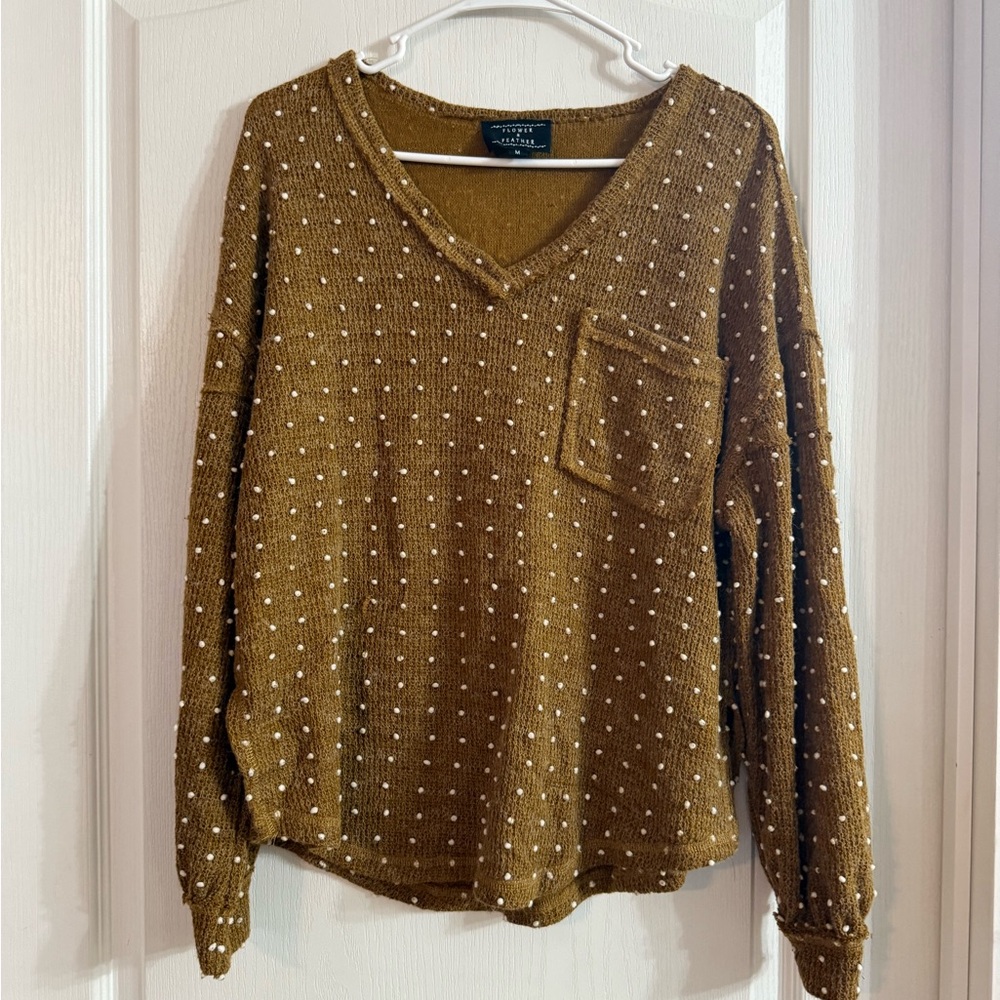 Flower & Feather Women’s Brown White Dotted Sweater Sz M. 9139